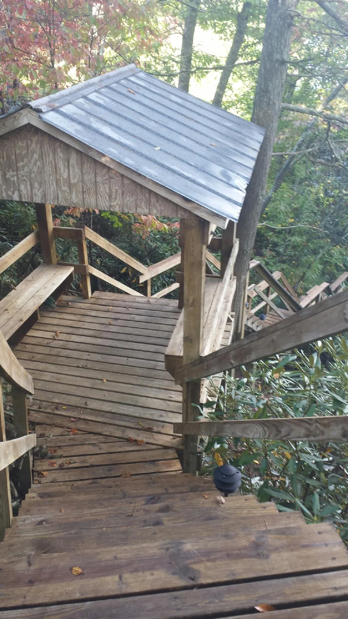 Metal roofed shelter over wooden steps on a wooded walkway — Skylight Repair & Installation work by our crew in Edgewater